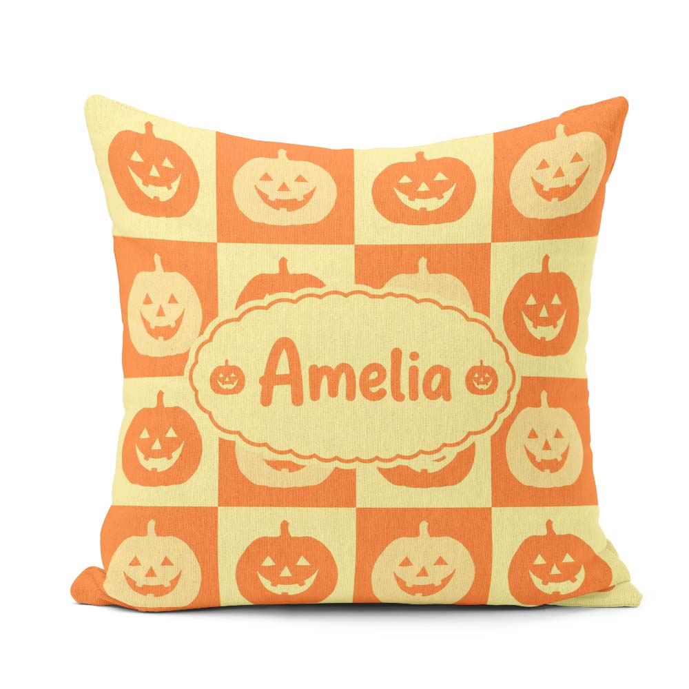 Custom Name Halloween Pumpkin in Warm Yellow and Orange Seamless Square Filled Cushion Throw Pillow Sofa Bed Home Decor Zip Washable UK Made