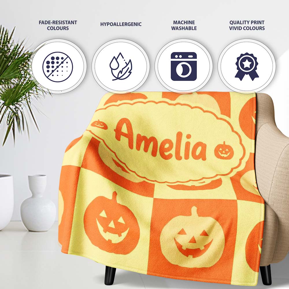 Halloween Pumpkin Faces in Warm Yellow and Orange Grid Seamless  Personalised Custom Name Super Soft Fleece Blanket Bed Sofa Throw