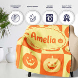 Halloween Pumpkin Faces in Warm Yellow and Orange Grid Seamless  Personalised Custom Name Super Soft Fleece Blanket Bed Sofa Throw