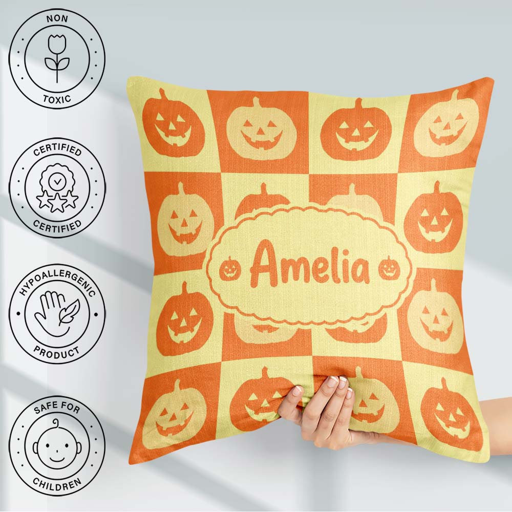 Custom Name Halloween Pumpkin in Warm Yellow and Orange Seamless Square Filled Cushion Throw Pillow Sofa Bed Home Decor Zip Washable UK Made