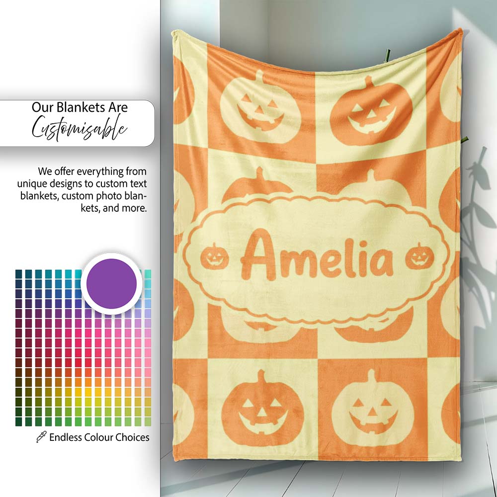 Halloween Pumpkin Faces in Warm Yellow and Orange Grid Seamless  Personalised Custom Name Super Soft Fleece Blanket Bed Sofa Throw