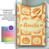Halloween Pumpkin Faces in Warm Yellow and Orange Grid Seamless  Personalised Custom Name Super Soft Fleece Blanket Bed Sofa Throw