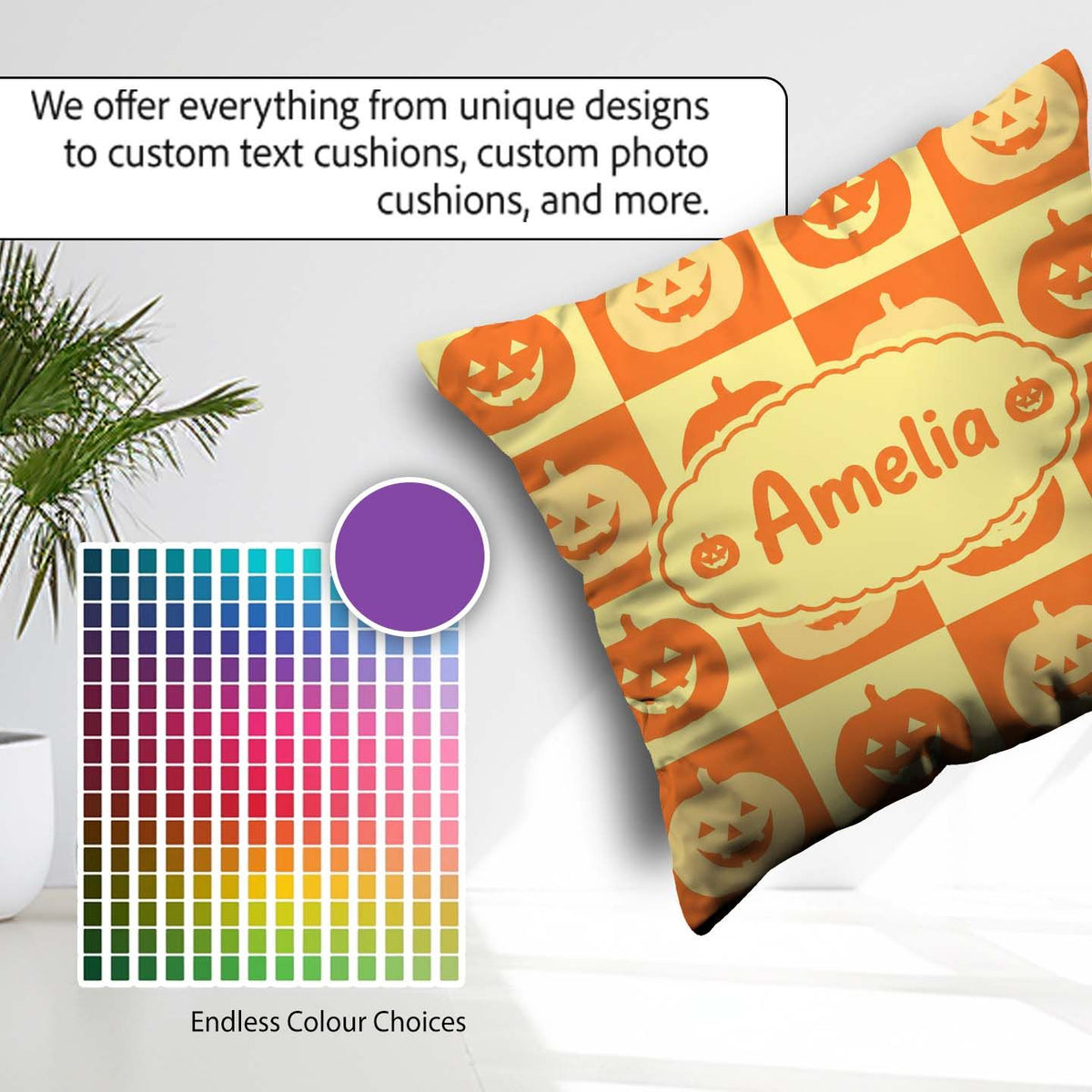 Custom Name Halloween Pumpkin in Warm Yellow and Orange Seamless Square Filled Cushion Throw Pillow Sofa Bed Home Decor Zip Washable UK Made