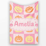 Cute Pumpkin Faces on Soft Pink Background Halloween Seamless Lovely  Personalised Custom Name Super Soft Fleece Blanket Bed Sofa Throw