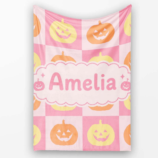 Cute Pumpkin Faces on Soft Pink Background Halloween Seamless Lovely  Personalised Custom Name Super Soft Fleece Blanket Bed Sofa Throw