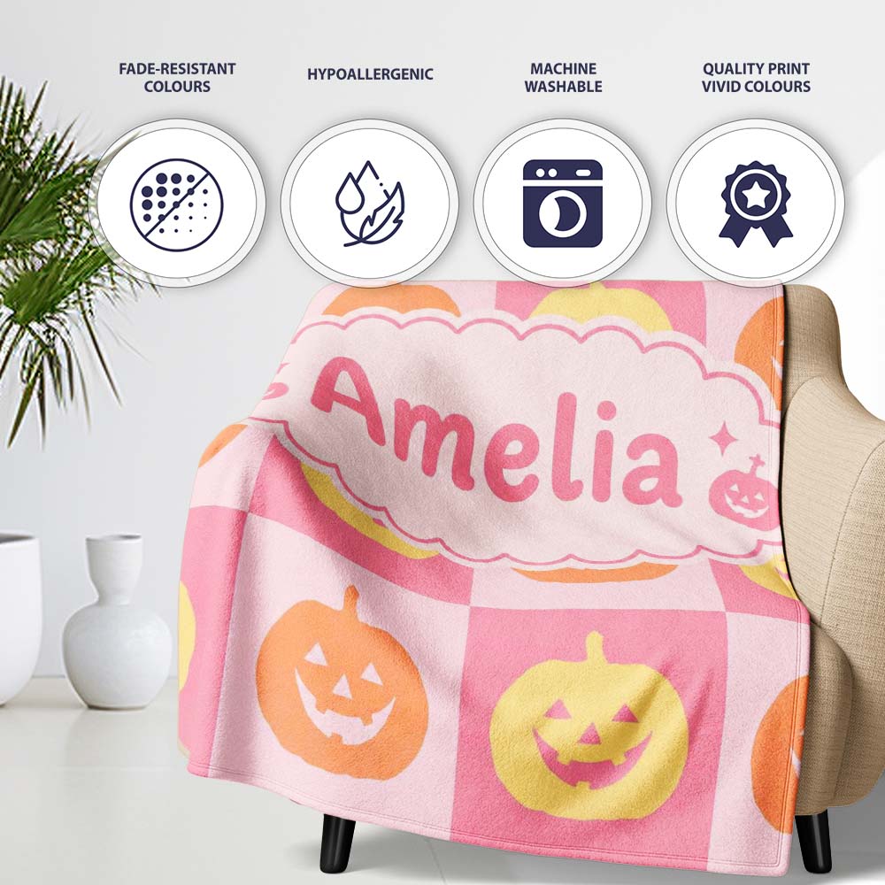 Cute Pumpkin Faces on Soft Pink Background Halloween Seamless Lovely  Personalised Custom Name Super Soft Fleece Blanket Bed Sofa Throw