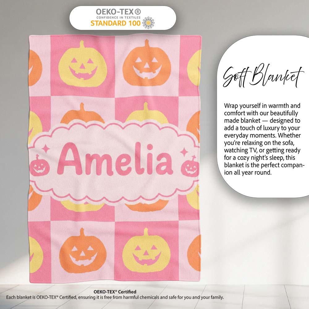Cute Pumpkin Faces on Soft Pink Background Halloween Seamless Lovely  Personalised Custom Name Super Soft Fleece Blanket Bed Sofa Throw
