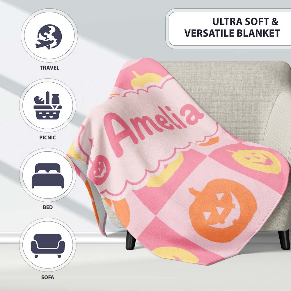 Cute Pumpkin Faces on Soft Pink Background Halloween Seamless Lovely  Personalised Custom Name Super Soft Fleece Blanket Bed Sofa Throw