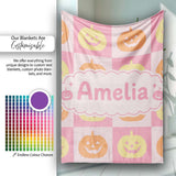 Cute Pumpkin Faces on Soft Pink Background Halloween Seamless Lovely  Personalised Custom Name Super Soft Fleece Blanket Bed Sofa Throw