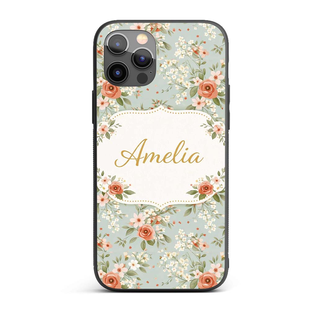 Peach Rose Floral Pattern Blue Printed Design Custom Name Protective Phone Case Mobile Cover Durable Everyday Smartphone Shock Resistant