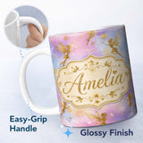 Personalized Custom Name Magical Gold Fairy Silhouettes with Stars on Watercolor Sky Lovely 11oz Ceramic Coffee Tea Mug White Large Handle
