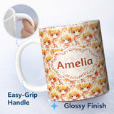 Personalized Custom Name Cute Anime Girl Orange Watercolour Pattern Kawaii Character Design 11oz Ceramic Coffee Tea Mug White Large Handle