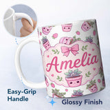 Personalized Custom Name Cute Pink Plant Pots Leaves Strawberry Seamless Pattern Light Grey 11oz Ceramic Coffee Tea Mug White Large Handle