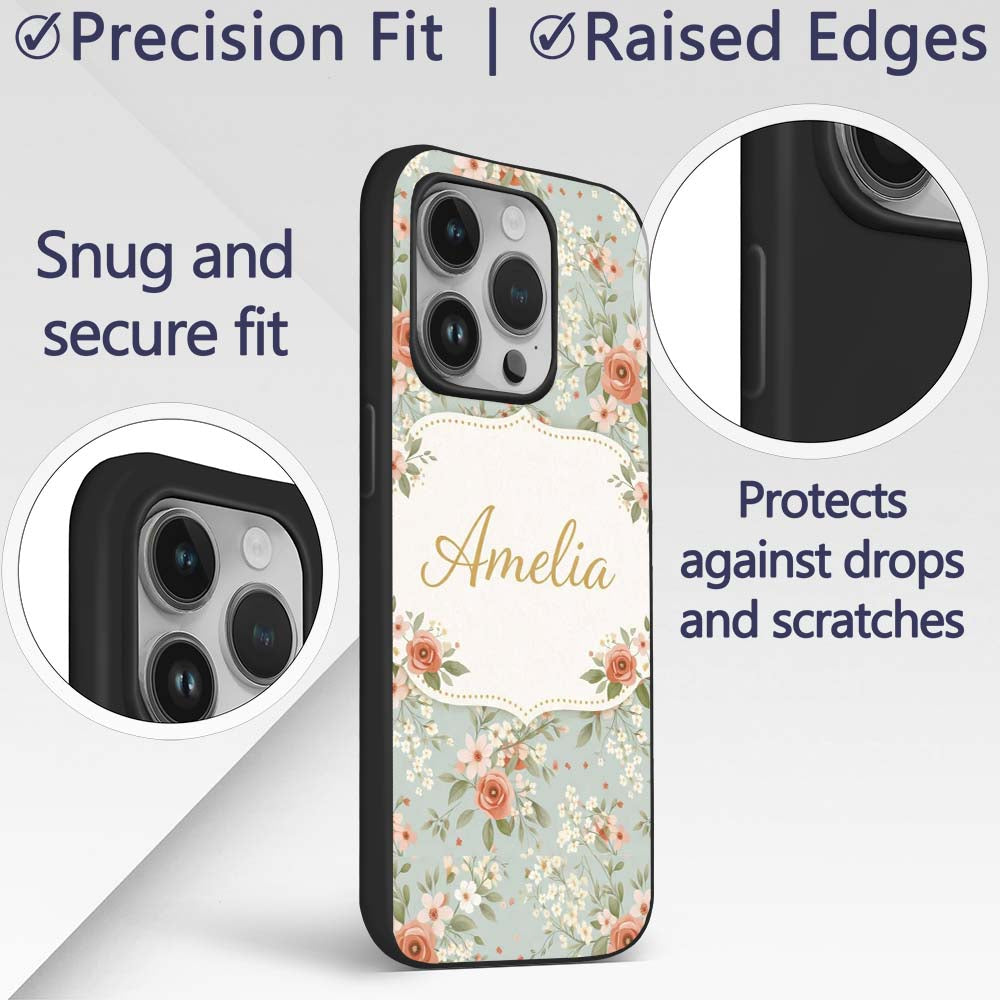 Peach Rose Floral Pattern Blue Printed Design Custom Name Protective Phone Case Mobile Cover Durable Everyday Smartphone Shock Resistant
