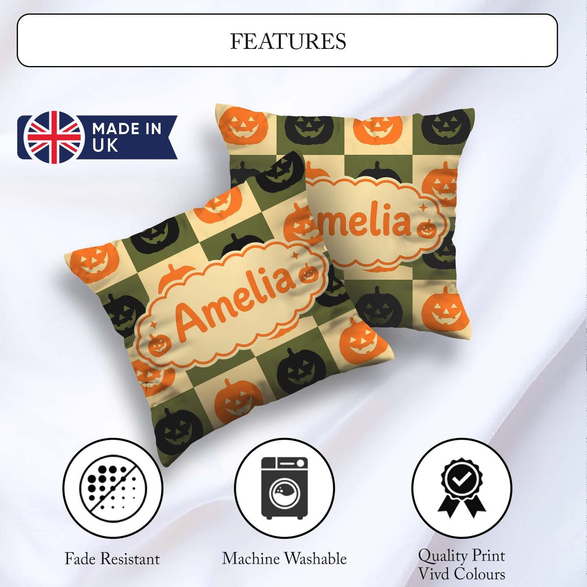 Custom Name Halloween Pumpkin Faces in Olive and Beige Seamless Square Filled Cushion Throw Pillow Sofa Bed Home Decor Zip Washable UK Made