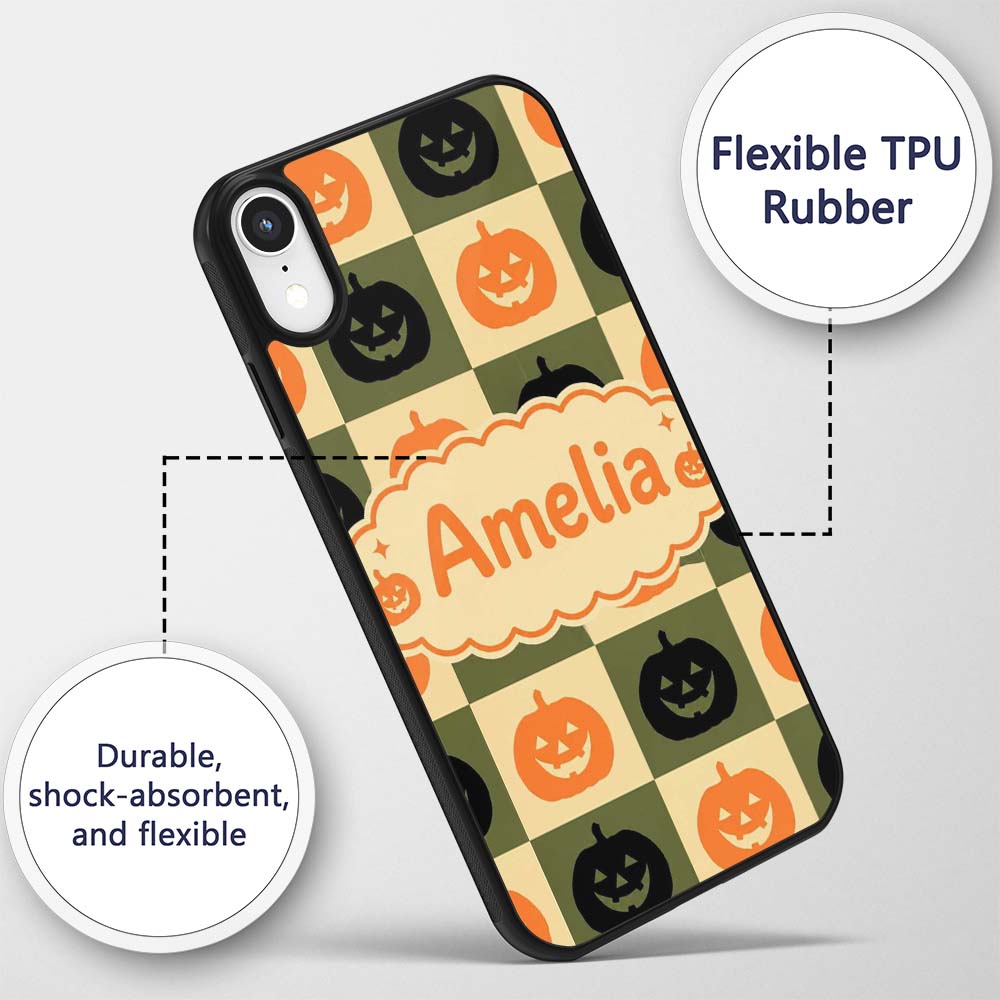 Halloween Pumpkin Faces in Olive Printed Design Custom Name Protective Phone Case Mobile Cover Durable Everyday Smartphone Shock Resistant