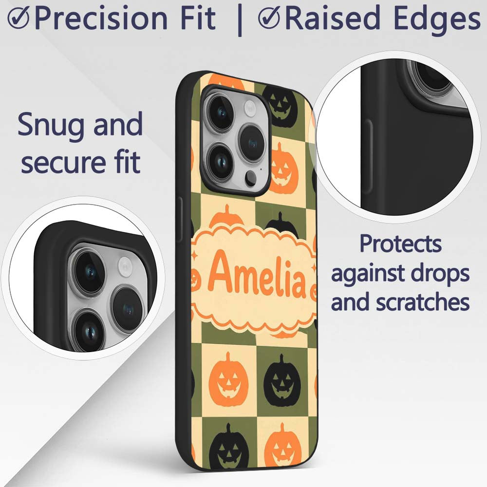 Halloween Pumpkin Faces in Olive Printed Design Custom Name Protective Phone Case Mobile Cover Durable Everyday Smartphone Shock Resistant