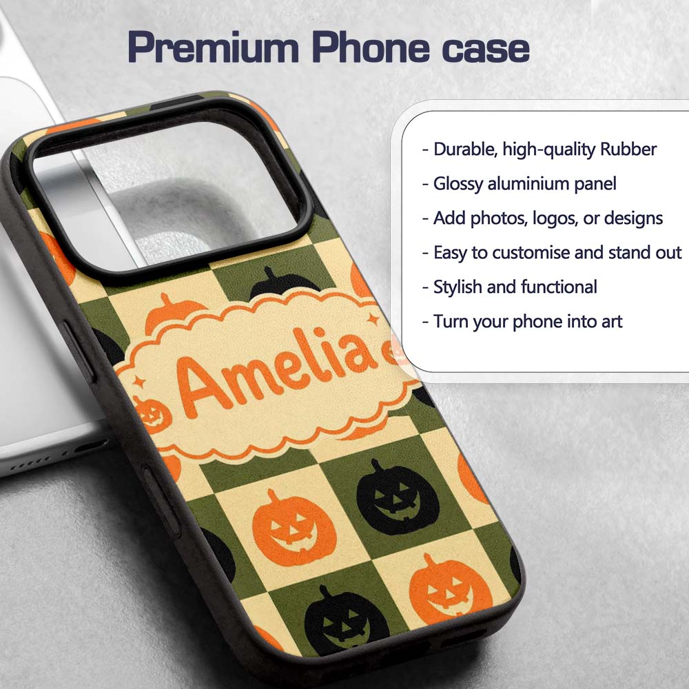 Halloween Pumpkin Faces in Olive Printed Design Custom Name Protective Phone Case Mobile Cover Durable Everyday Smartphone Shock Resistant