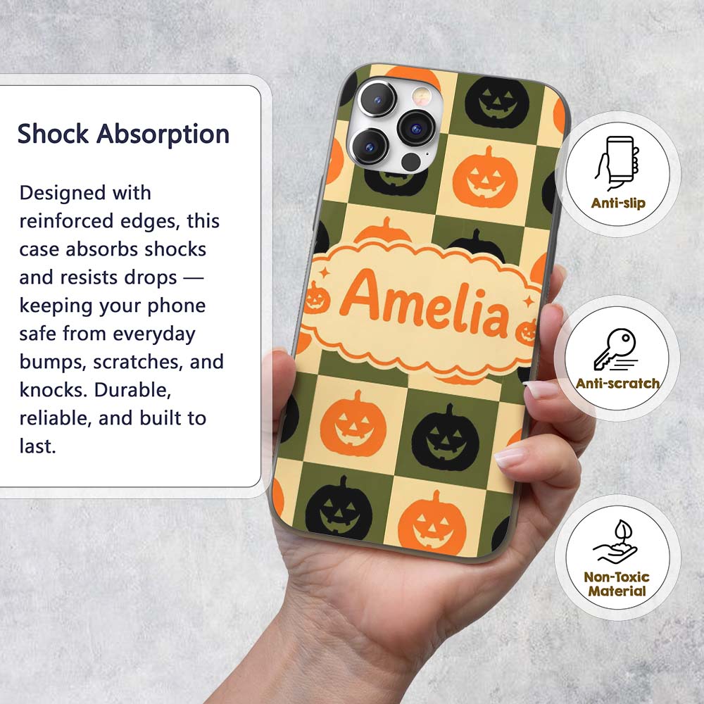 Halloween Pumpkin Faces in Olive Printed Design Custom Name Protective Phone Case Mobile Cover Durable Everyday Smartphone Shock Resistant