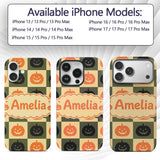 Halloween Pumpkin Faces in Olive Printed Design Custom Name Protective Phone Case Mobile Cover Durable Everyday Smartphone Shock Resistant