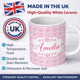 Personalized Custom Name Elegant Pink Damask Floral Pattern with Ornate Vintage Motifs Lovely 11oz Ceramic Coffee Tea Mug White Large Handle