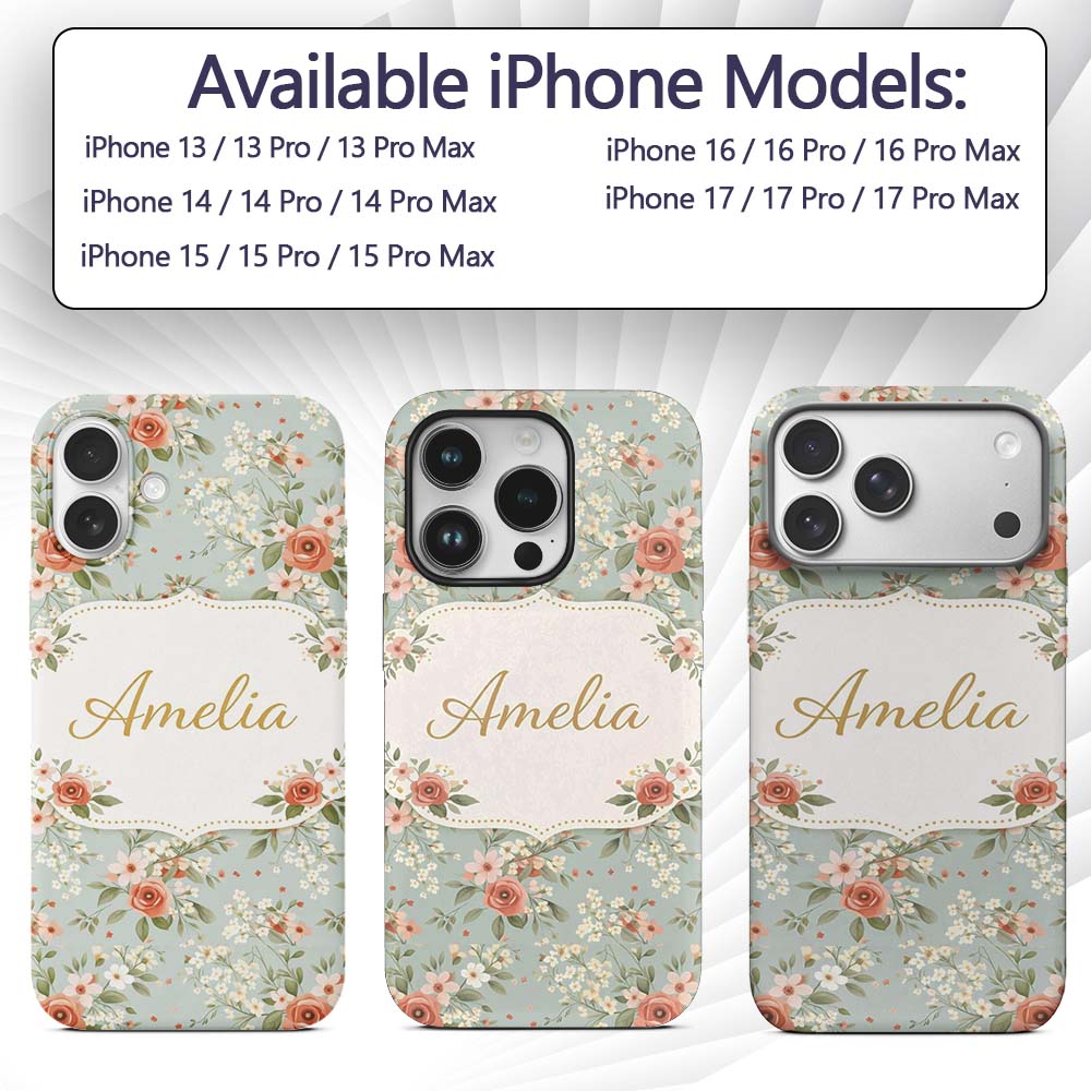 Peach Rose Floral Pattern Blue Printed Design Custom Name Protective Phone Case Mobile Cover Durable Everyday Smartphone Shock Resistant