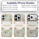 Peach Rose Floral Pattern Blue Printed Design Custom Name Protective Phone Case Mobile Cover Durable Everyday Smartphone Shock Resistant