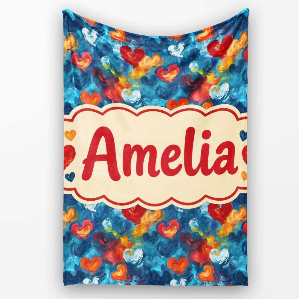 Abstract Painted Hearts Blue Red Orange Brushstroke Seamless Pattern  Personalised Custom Name Super Soft Fleece Blanket Bed Sofa Throw
