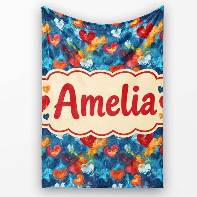 Abstract Painted Hearts Blue Red Orange Brushstroke Seamless Pattern  Personalised Custom Name Super Soft Fleece Blanket Bed Sofa Throw