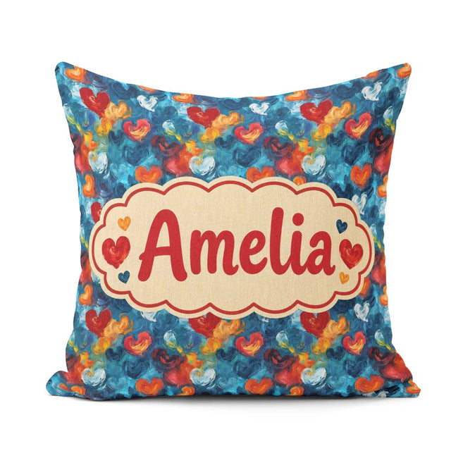 Custom Name Abstract Hearts Blue Red Orange Brushstroke Seamless Square Filled Cushion Throw Pillow Sofa Bed Home Decor Zip Washable UK Made