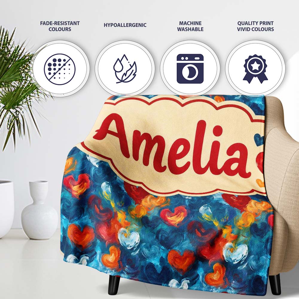 Abstract Painted Hearts Blue Red Orange Brushstroke Seamless Pattern  Personalised Custom Name Super Soft Fleece Blanket Bed Sofa Throw