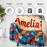 Abstract Painted Hearts Blue Red Orange Brushstroke Seamless Pattern  Personalised Custom Name Super Soft Fleece Blanket Bed Sofa Throw
