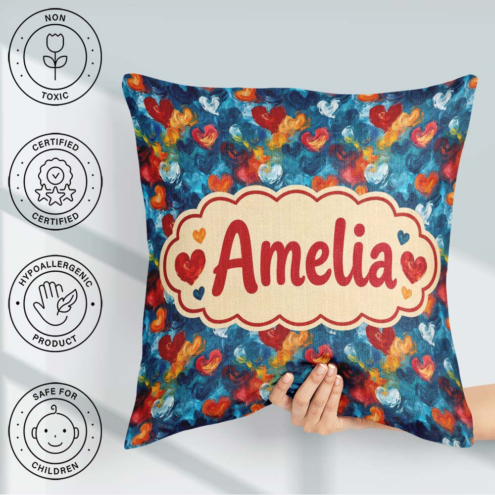 Custom Name Abstract Hearts Blue Red Orange Brushstroke Seamless Square Filled Cushion Throw Pillow Sofa Bed Home Decor Zip Washable UK Made