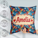 Custom Name Abstract Hearts Blue Red Orange Brushstroke Seamless Square Filled Cushion Throw Pillow Sofa Bed Home Decor Zip Washable UK Made