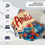 Abstract Painted Hearts Blue Red Orange Brushstroke Seamless Pattern  Personalised Custom Name Super Soft Fleece Blanket Bed Sofa Throw