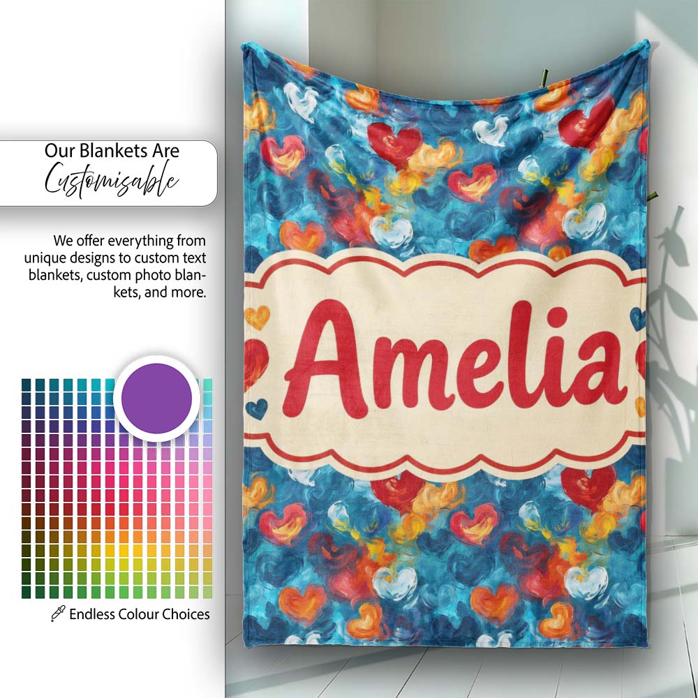 Abstract Painted Hearts Blue Red Orange Brushstroke Seamless Pattern  Personalised Custom Name Super Soft Fleece Blanket Bed Sofa Throw