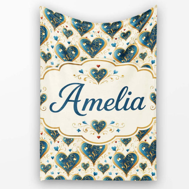 Elegant Blue Gold Ornate Heart Scrollwork Romantic Seamless Pattern  Personalised Custom Name Super Soft Fleece Blanket Bed Sofa Throw