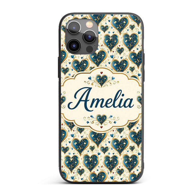 Elegant Blue Gold Ornate Heart Printed Design Custom Name Protective Phone Case Mobile Cover Durable Everyday Smartphone Shock Resistant