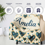 Elegant Blue Gold Ornate Heart Scrollwork Romantic Seamless Pattern  Personalised Custom Name Super Soft Fleece Blanket Bed Sofa Throw