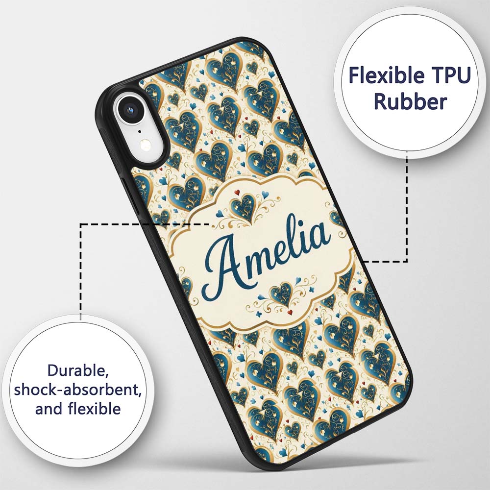 Elegant Blue Gold Ornate Heart Printed Design Custom Name Protective Phone Case Mobile Cover Durable Everyday Smartphone Shock Resistant