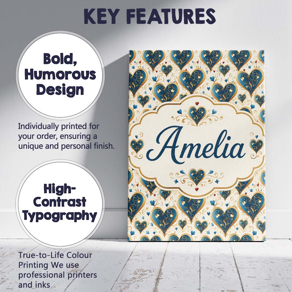 Personalised Name Elegant Blue Gold Ornate Custom  Bespoke Contemporary Statement Canvas Wall Art Print Decor Picture Ready to Hang