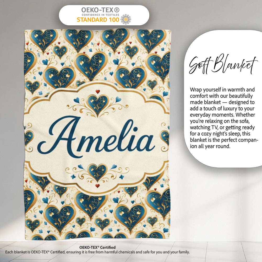 Elegant Blue Gold Ornate Heart Scrollwork Romantic Seamless Pattern  Personalised Custom Name Super Soft Fleece Blanket Bed Sofa Throw