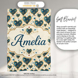 Elegant Blue Gold Ornate Heart Scrollwork Romantic Seamless Pattern  Personalised Custom Name Super Soft Fleece Blanket Bed Sofa Throw