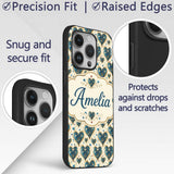 Elegant Blue Gold Ornate Heart Printed Design Custom Name Protective Phone Case Mobile Cover Durable Everyday Smartphone Shock Resistant