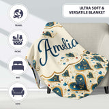 Elegant Blue Gold Ornate Heart Scrollwork Romantic Seamless Pattern  Personalised Custom Name Super Soft Fleece Blanket Bed Sofa Throw