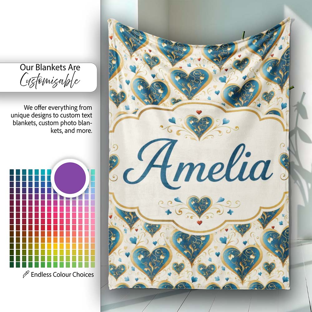 Elegant Blue Gold Ornate Heart Scrollwork Romantic Seamless Pattern  Personalised Custom Name Super Soft Fleece Blanket Bed Sofa Throw