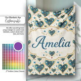 Elegant Blue Gold Ornate Heart Scrollwork Romantic Seamless Pattern  Personalised Custom Name Super Soft Fleece Blanket Bed Sofa Throw