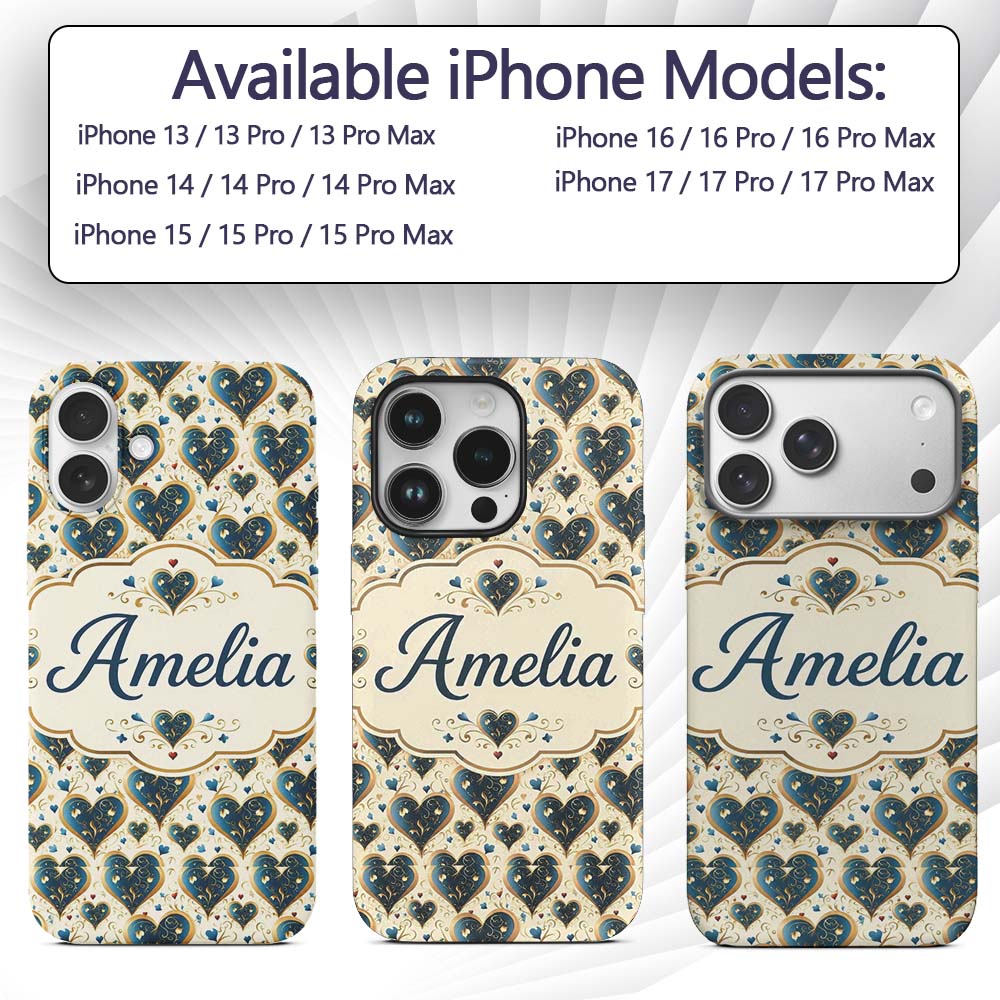 Elegant Blue Gold Ornate Heart Printed Design Custom Name Protective Phone Case Mobile Cover Durable Everyday Smartphone Shock Resistant