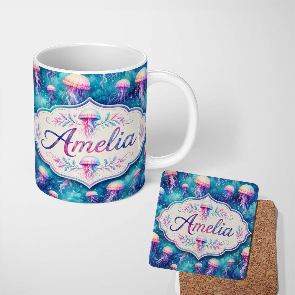 Personalized Custom Name Dreamy Pink Jellyfish Floating in Turquoise Water Seamless Pattern 11oz Ceramic Coffee Tea Mug White Large Handle