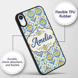 Vintage Floral Motif Blue Yellow Printed Design Custom Name Protective Phone Case Mobile Cover Durable Everyday Smartphone Shock Resistant